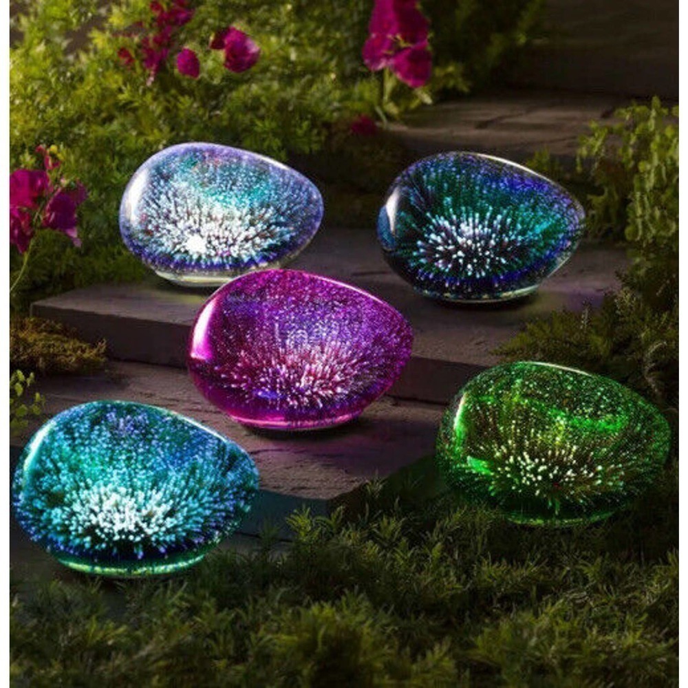 Art Glass Decorative Glowing Garden Rocks Night Light Indoor/ Outdoor Gift Blue - Picture 3 of 10